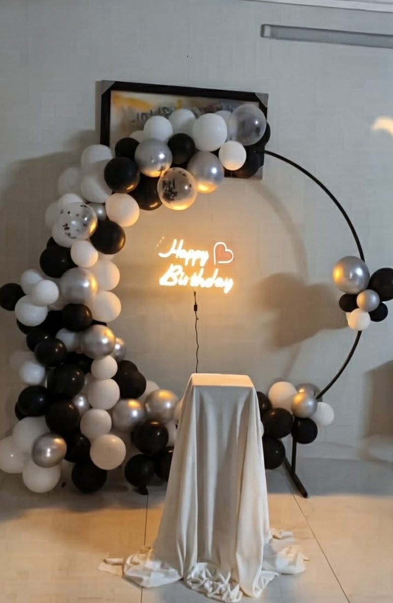 Black, white and silver balloon hoop with neon Happy Birthday sign – Events In Sialkot