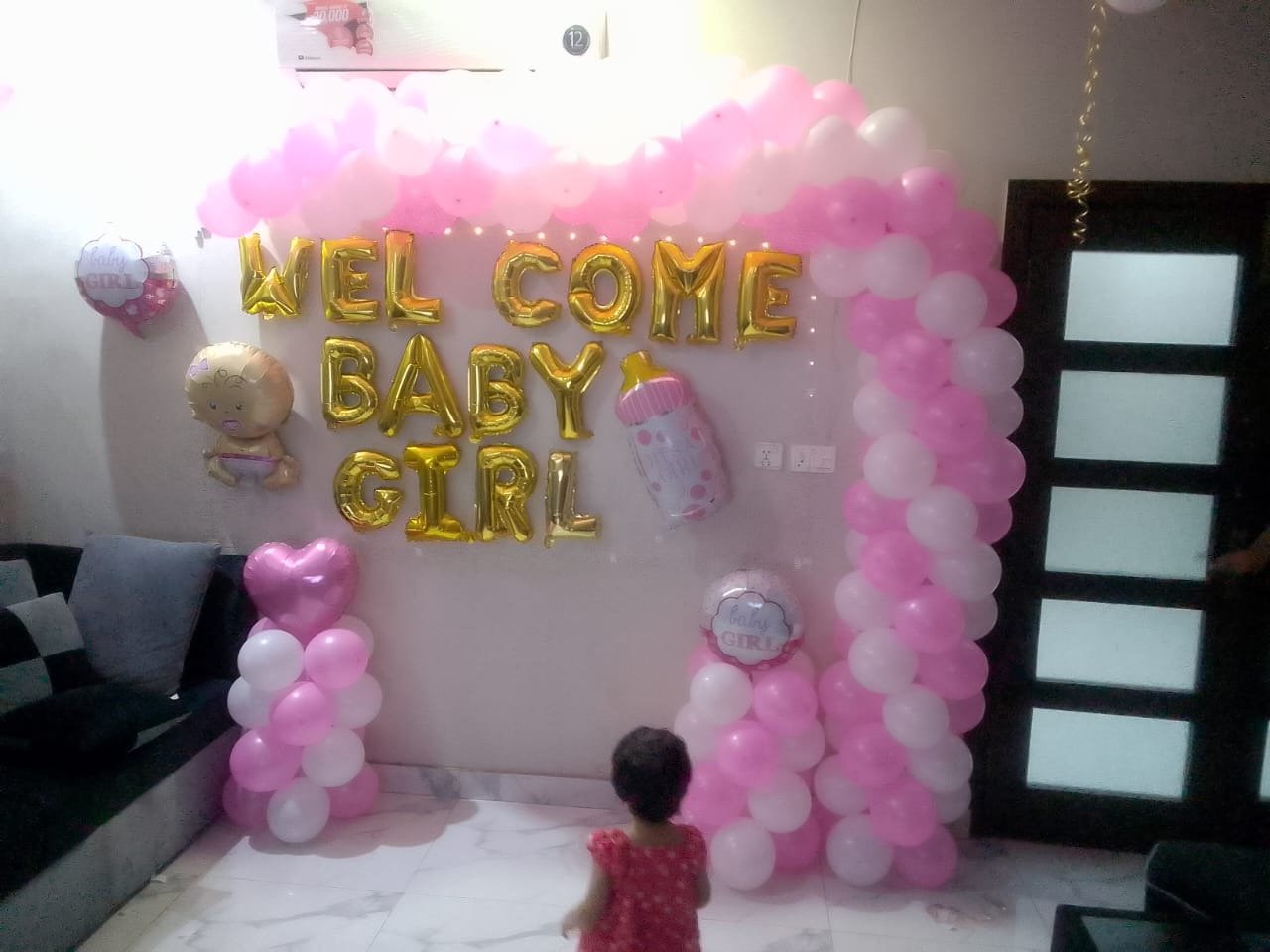White and pink welcome baby balloon decoration in Sialkot – Events In Sialkot