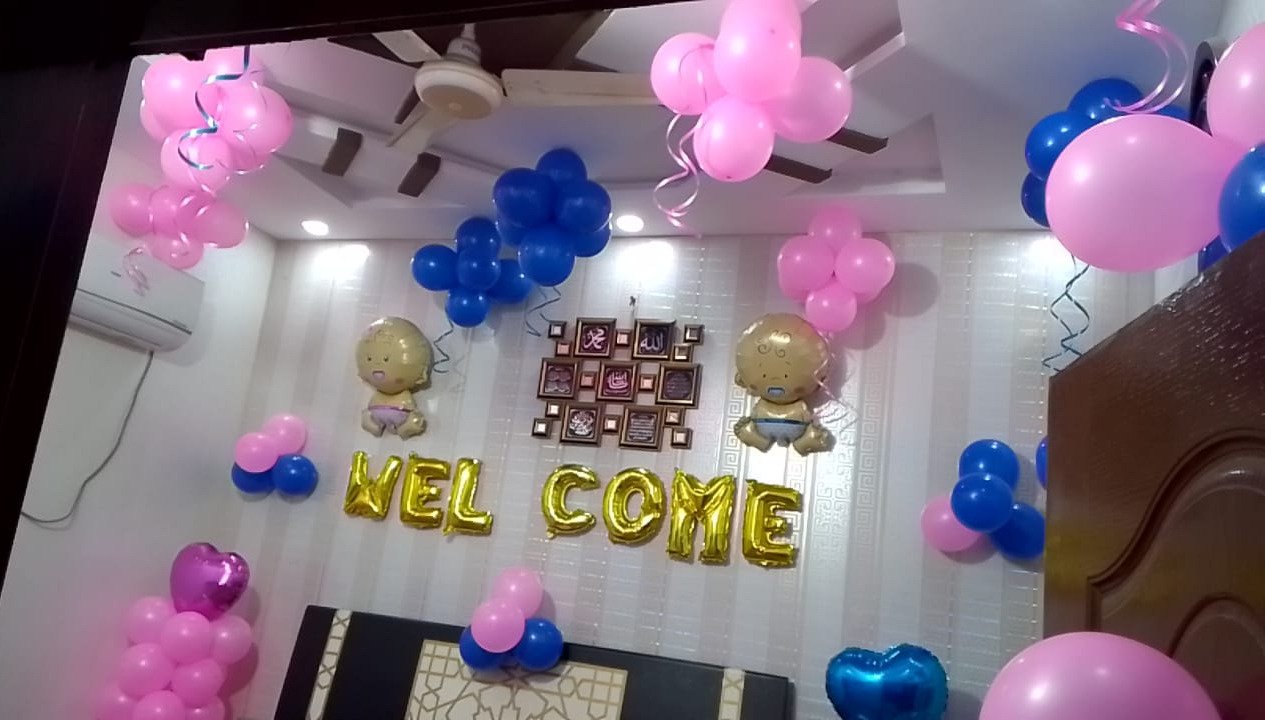 Blue and pink welcome baby balloon decoration in Sialkot – Events In Sialkot