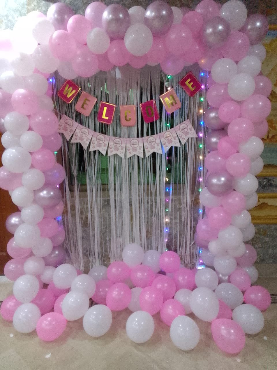 Pink and white welcome baby balloon decoration in Sialkot – Events In Sialkot