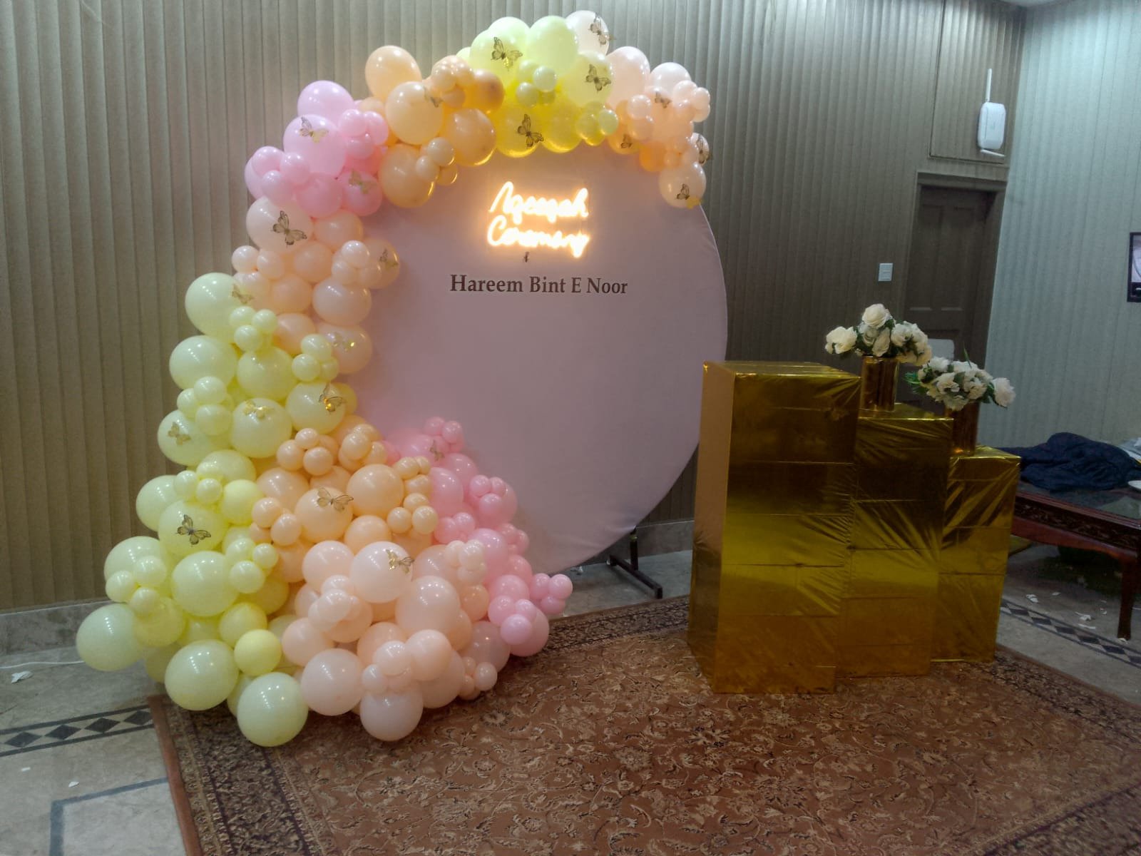 Orange and gold birthday balloon decoration in Sialkot – Events In Sialkot