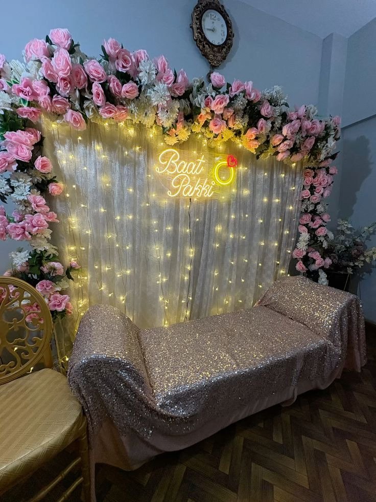 Gold and blue floral backdrop decor with fairy lights in Sialkot – Events In Sialkot