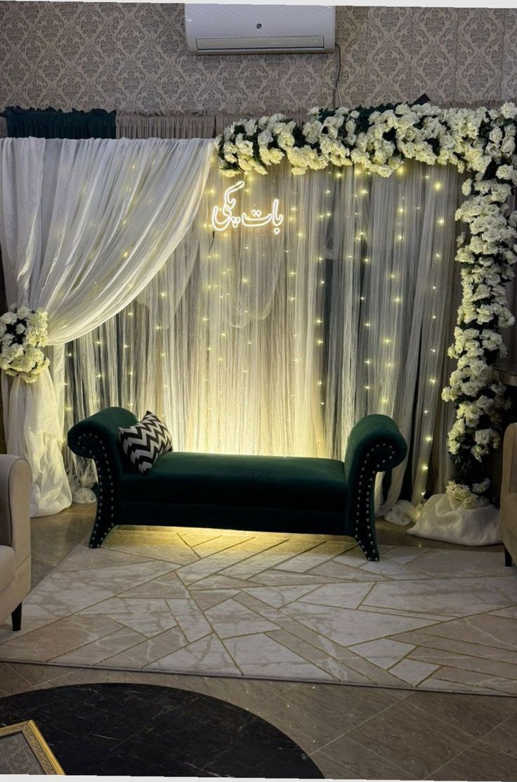 Gold and white floral backdrop decor with fairy lights in Sialkot – Events In Sialkot