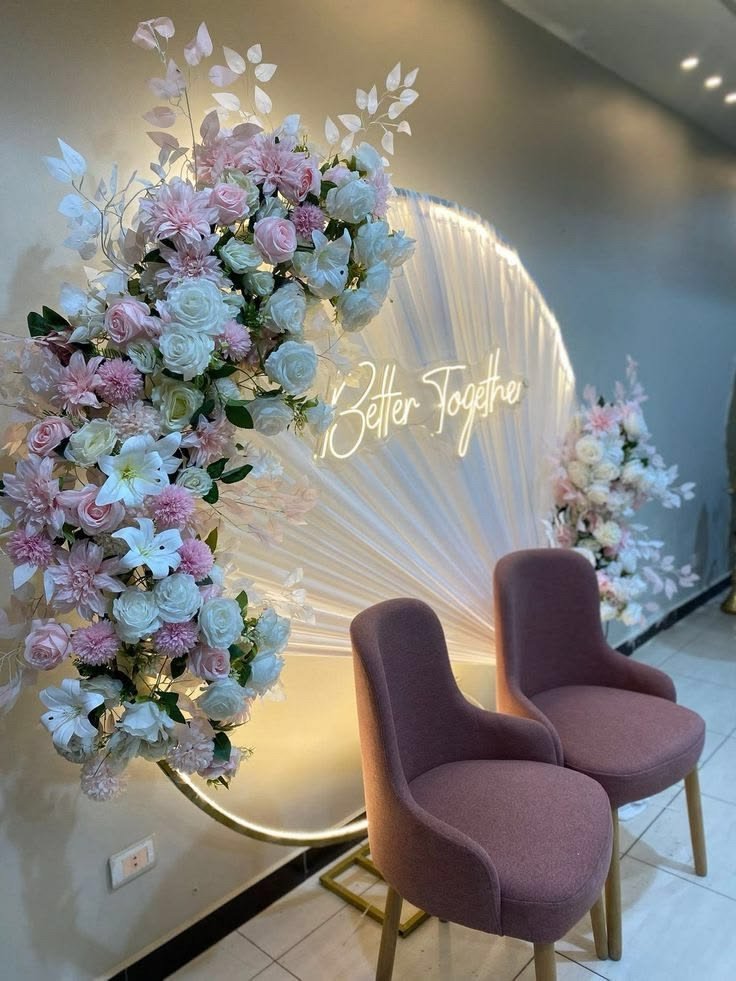Orange and blue floral backdrop decor with fairy lights in Sialkot – Events In Sialkot