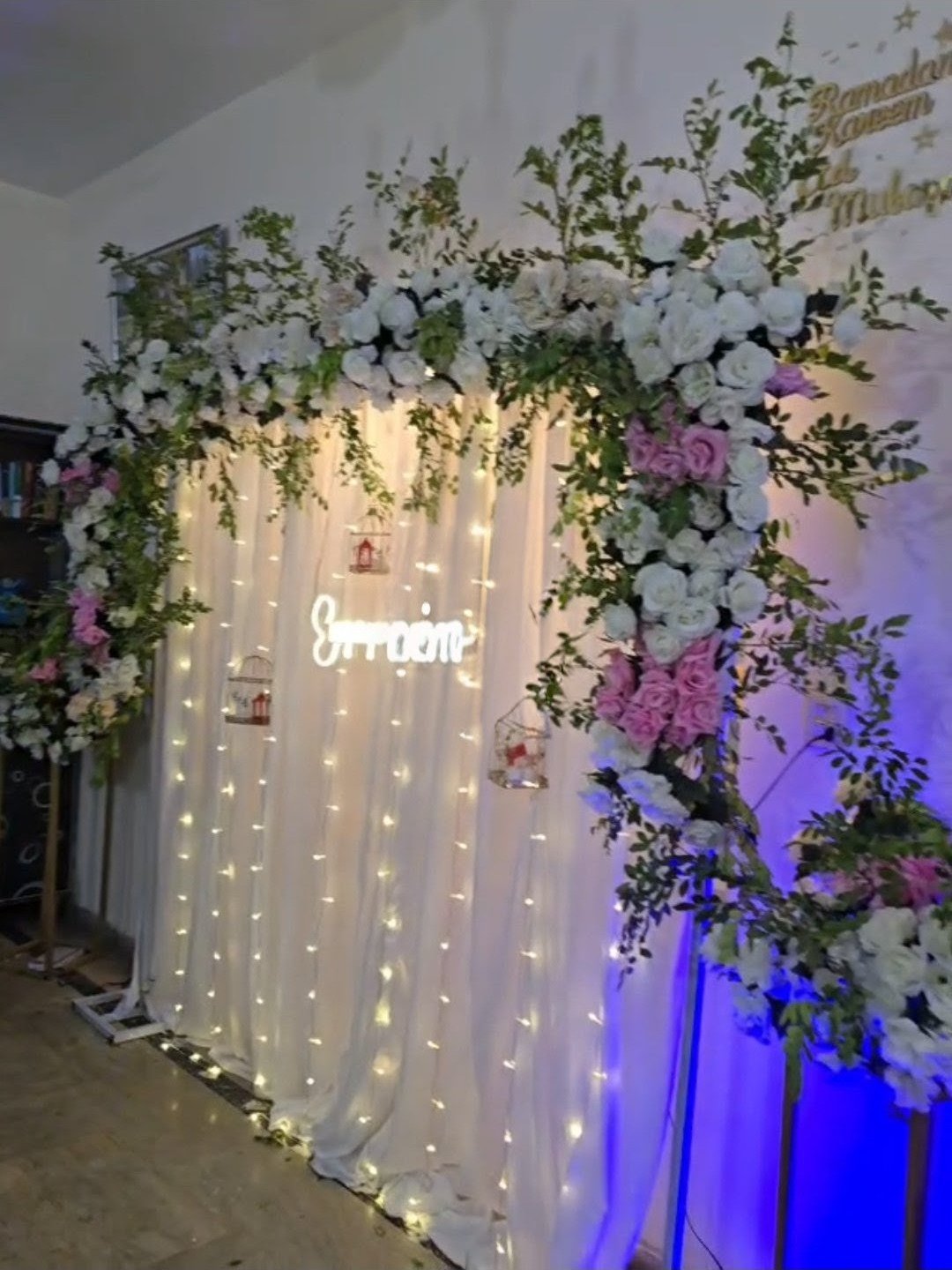 Blue floral backdrop decor with fairy lights in Sialkot – Events In Sialkot