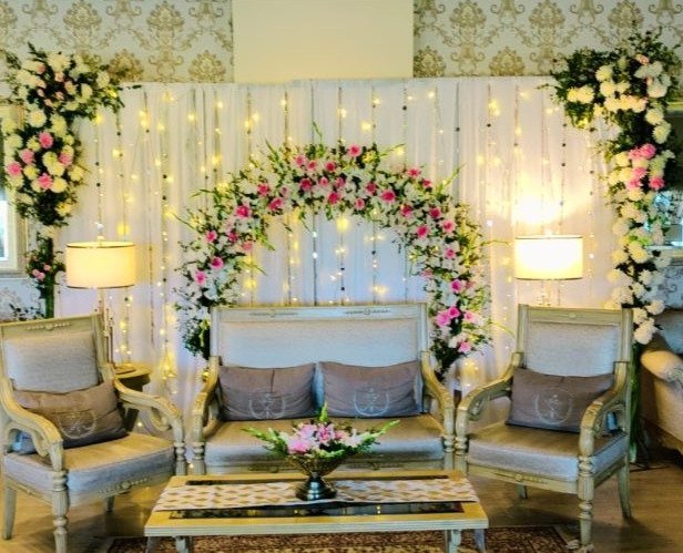 Gold floral backdrop decor with fairy lights in Sialkot – Events In Sialkot