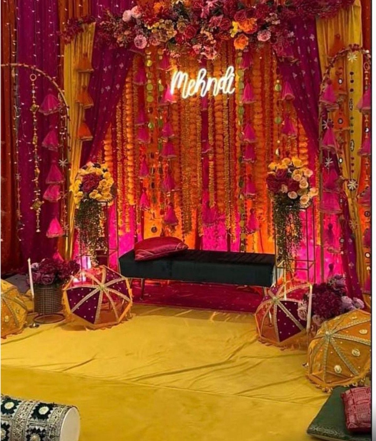 Maroon and gold mehndi stage decoration in Sialkot – Events In Sialkot