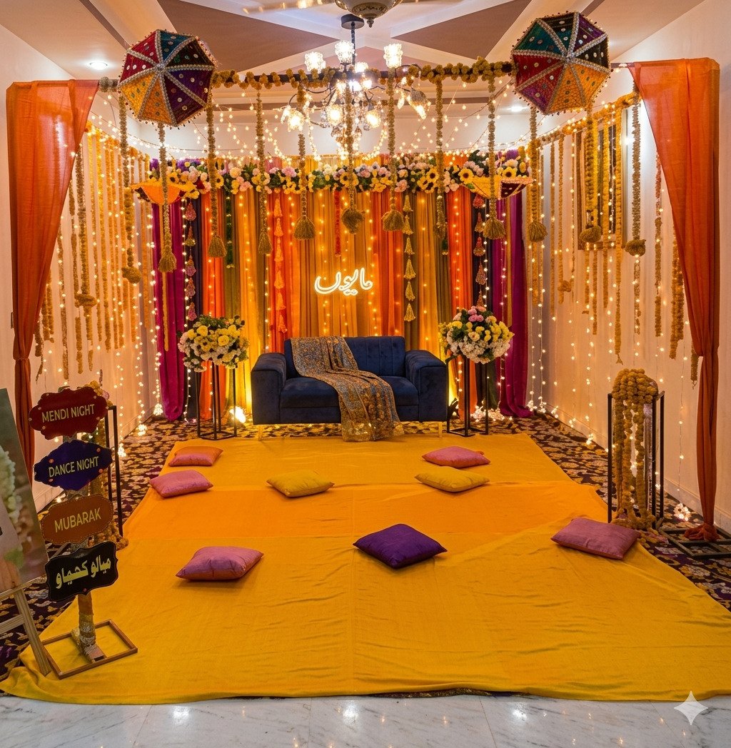 Orange mehndi stage decoration in Sialkot – Events In Sialkot